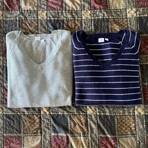 GAP V Neck Sweaters Medium TALL Gray and Navy with White Stripes